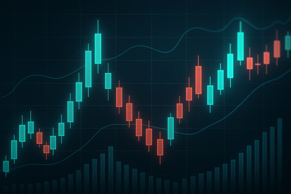 Gráfico futurista de velas e indicadores para trading en estilo tecnológico.