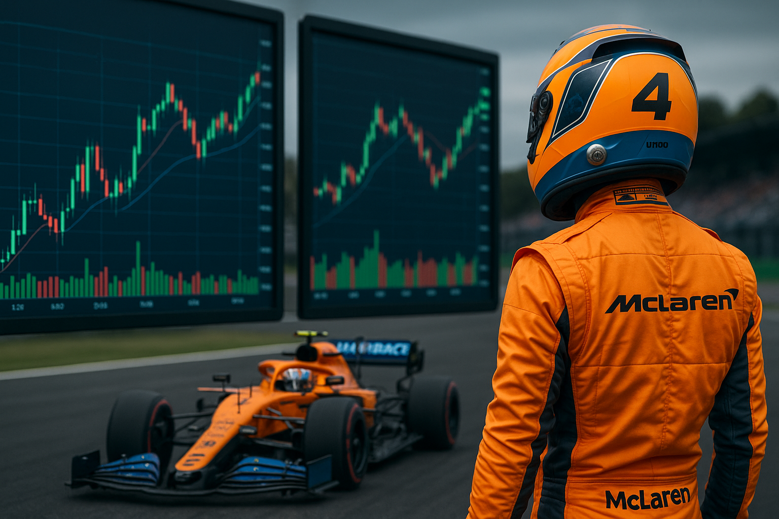 Piloto de automovilismo observando gráficos de trading en pantallas, simbolizando liderazgo y análisis.