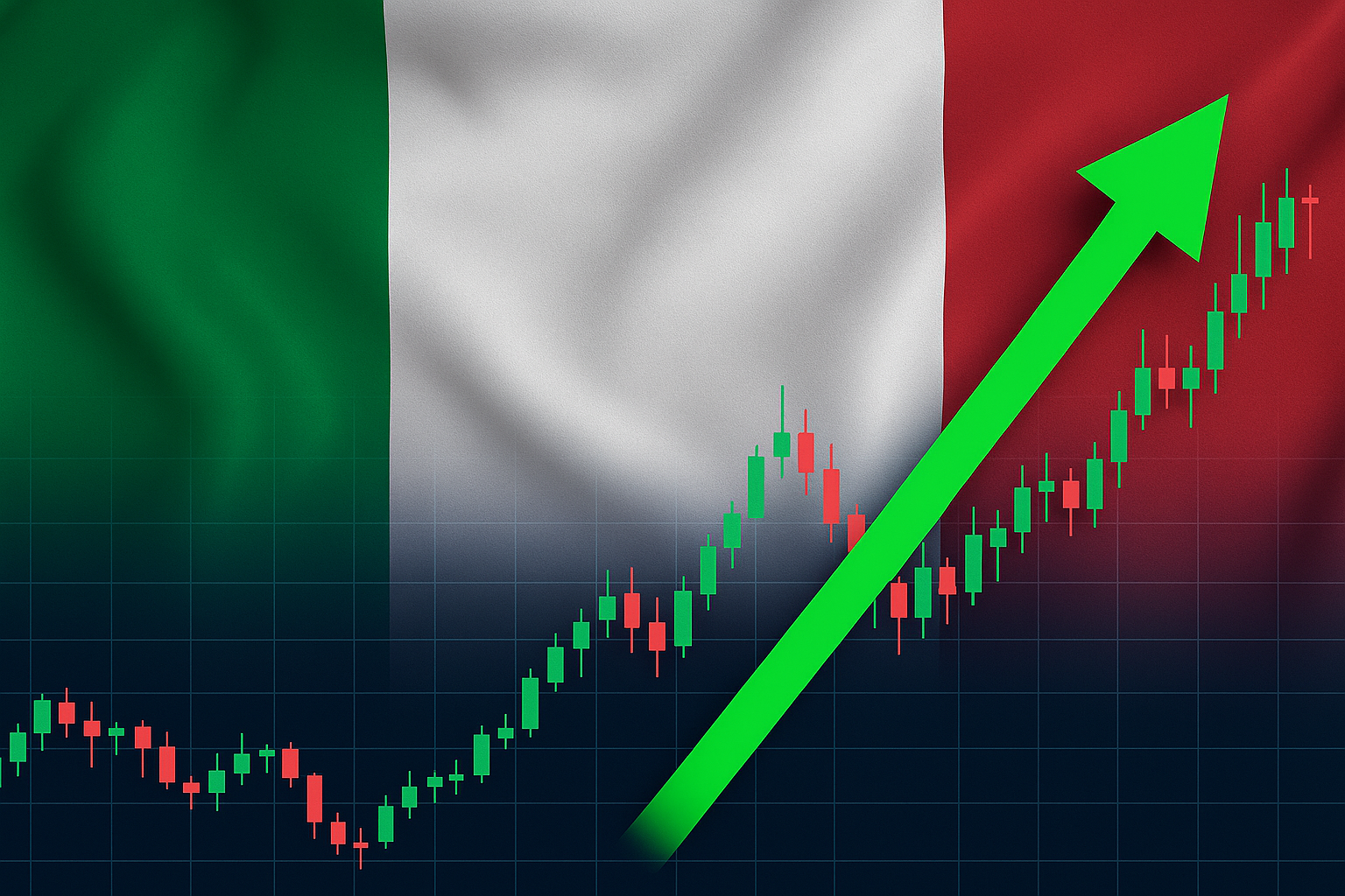 Gráfico de velas alcista sobre la bandera de Italia con el título ‘Confianza en trading: oportunidades clave desde Italia 2025’.