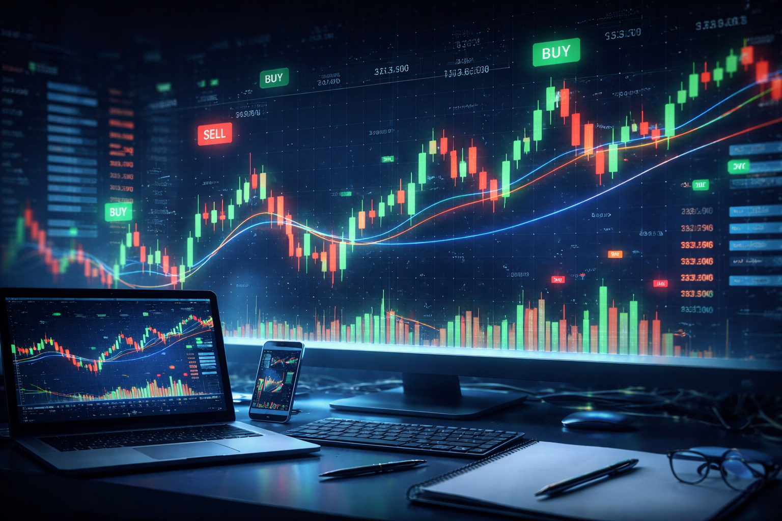 Scalping en cuentas fondeadas con gráficos de trading y barras de precio en tiempo real