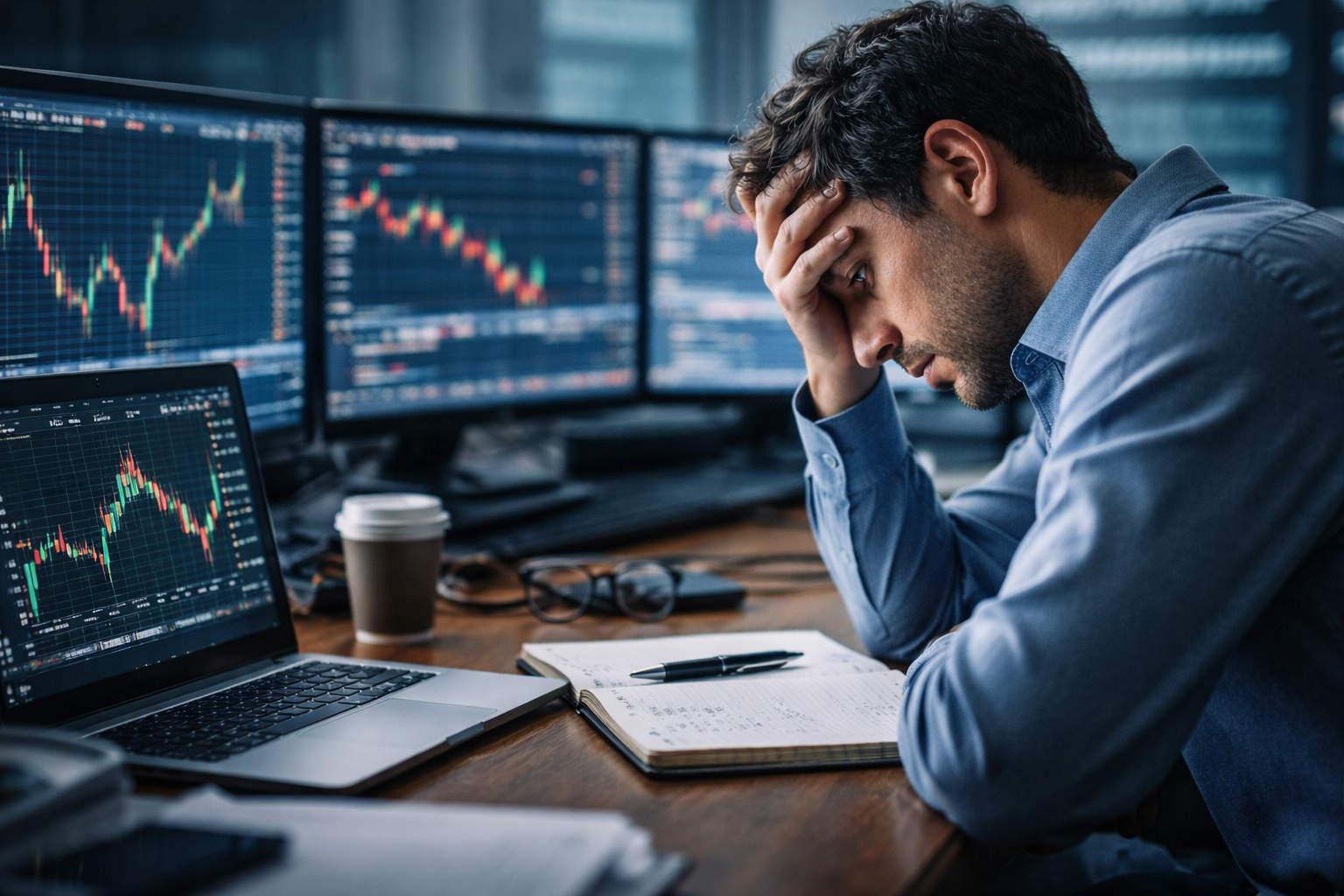 Trader afectado por la falacia del jugador analizando gráficos en trading fondeado