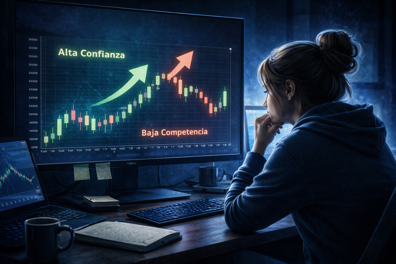 Trader analizando gráficos en pantalla mientras evalúa decisiones en trading fondeado