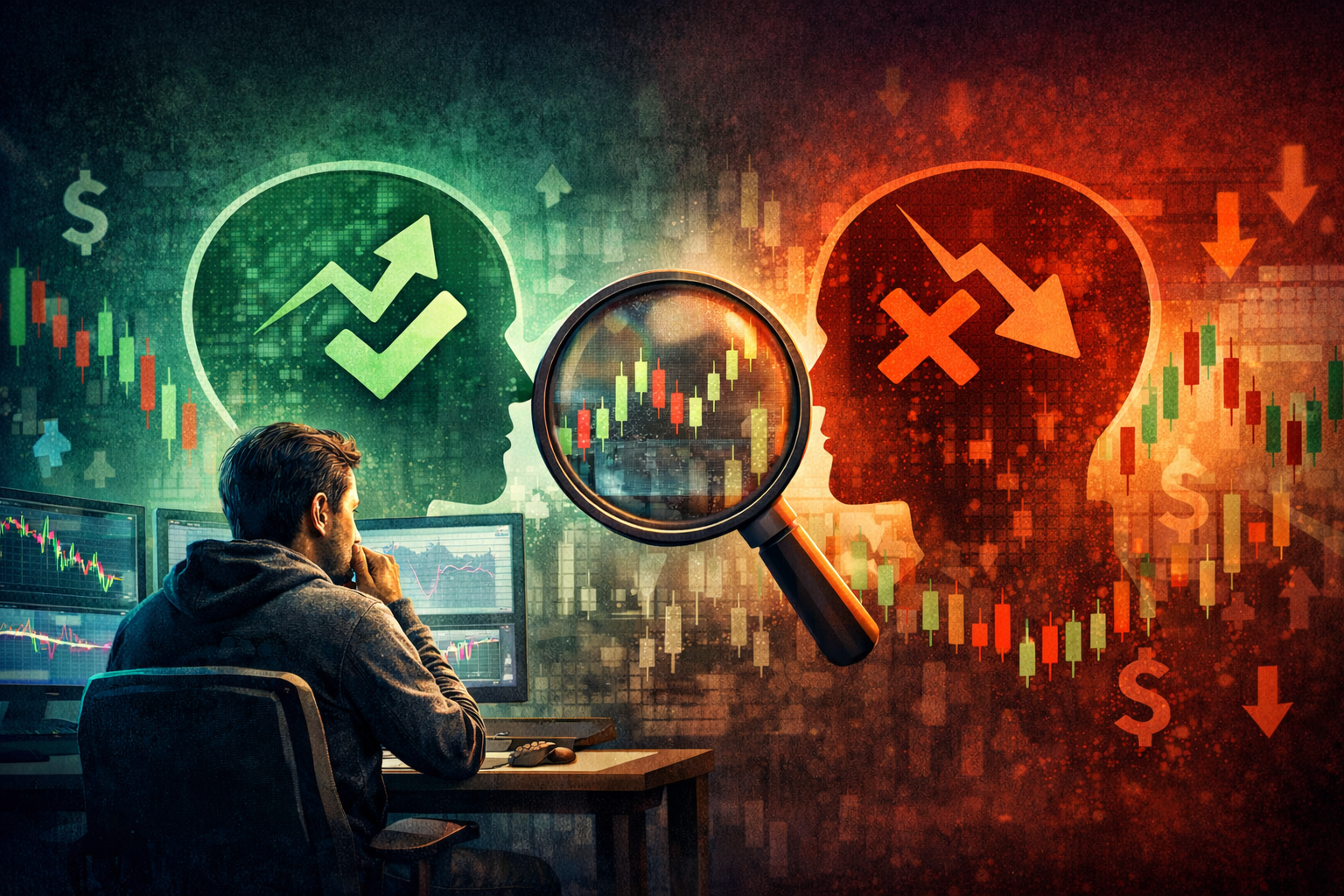 Trader analizando gráficos mientras el sesgo de confirmación distorsiona la toma de decisiones en trading